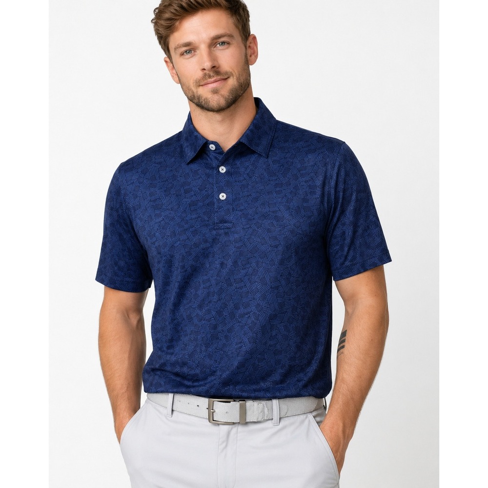 BURLEBO Mens Navy Performance Polo Size S Geometric Golf Shirt